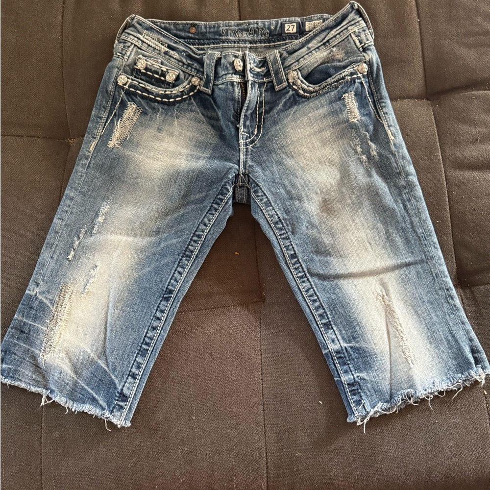 Miss Me Distressed Denim Bermuda Shorts - Blue